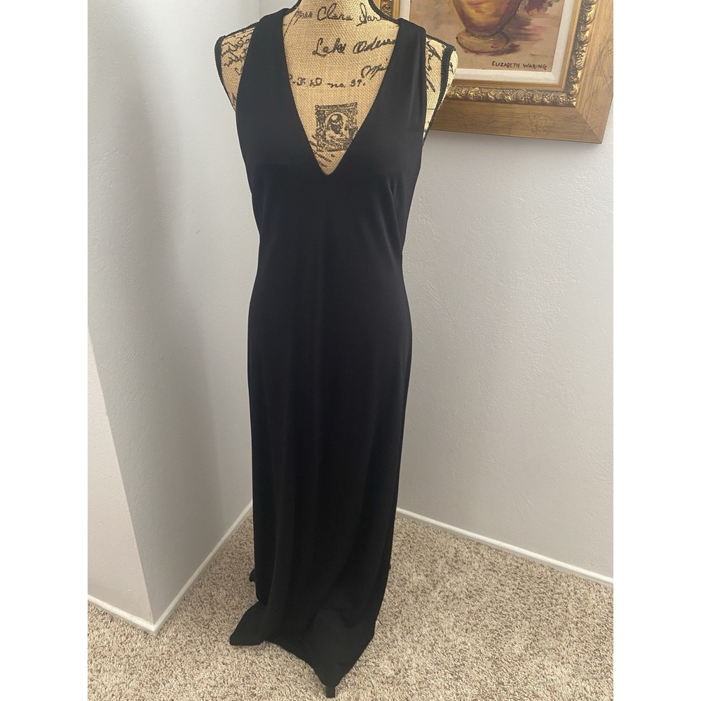 David Meister Black V-Neck Evening Gown Beaded Draped Back Maxi Dress Size 6